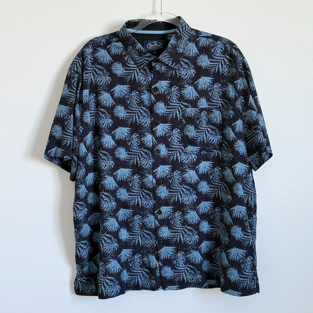 Nat Nast Silk Blend Blue Floral Short Sleeve Button Up Shirt Size XL